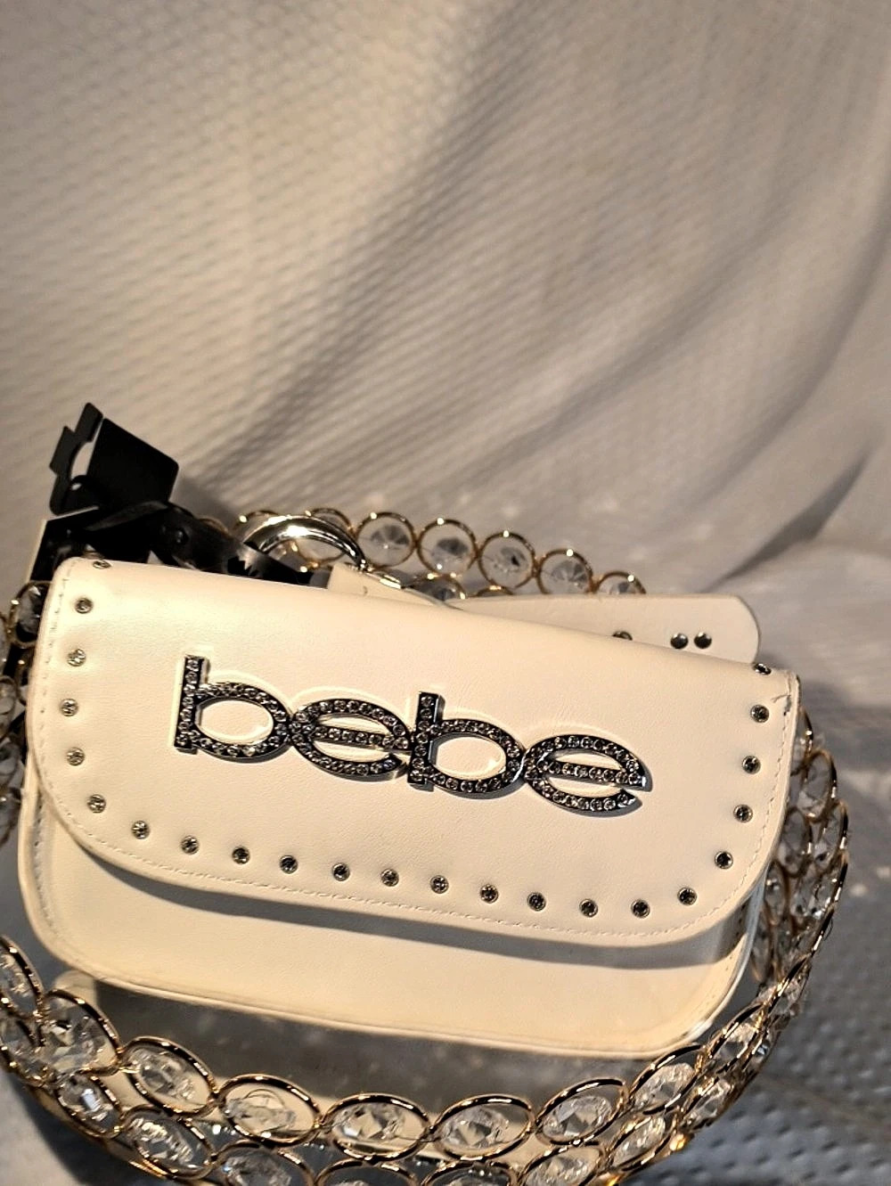 bebe Rhinestone Logo Belt Bag White & Gold